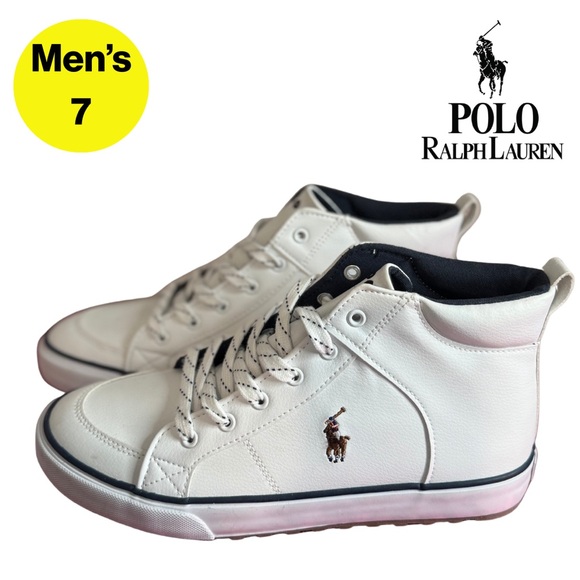 NEW 💙 POLO RALPH LAUREN White, Navy Mid-Top Sneakers (size Men’s 7 or Women’s 9) - Picture 1 of 11